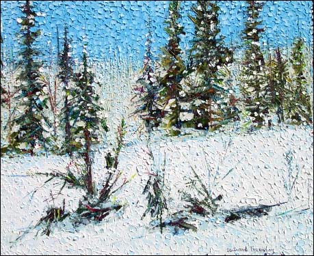 "Le temps d’une paix, c’est aujourd’hui" , huile sur toile représentant un paysage hivernal de Saint-Tite-des-Caps, photo © Bertrand Tremblay, 2003