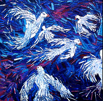 Bertrand Tremblay, huile sur toile représentant des oiseaux en vol © Bertrand Tremblay,  2000