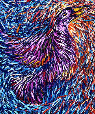 Bertrand Tremblay, huile sur toile représentant un oiseau ludique © Bertrand Tremblay,  2000